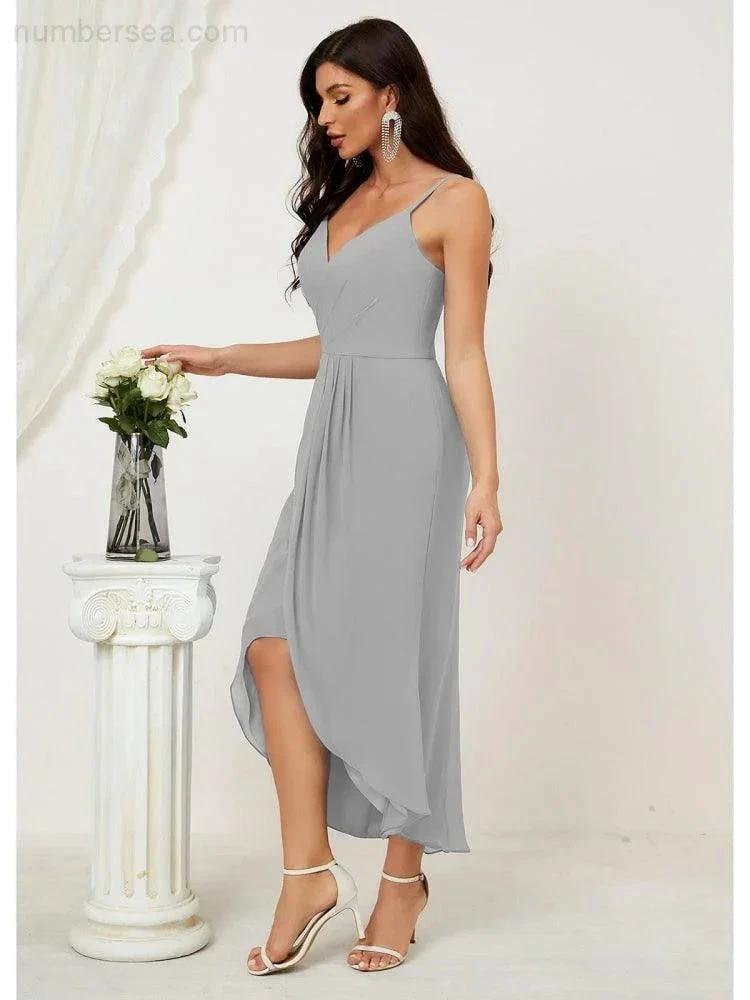 ZapDress Spaghetti Chiffon V Neck Bridesmaid Dress Mid-Length Slit Formal Prom Dress Homecoming Dress 2803 (ZD16952)