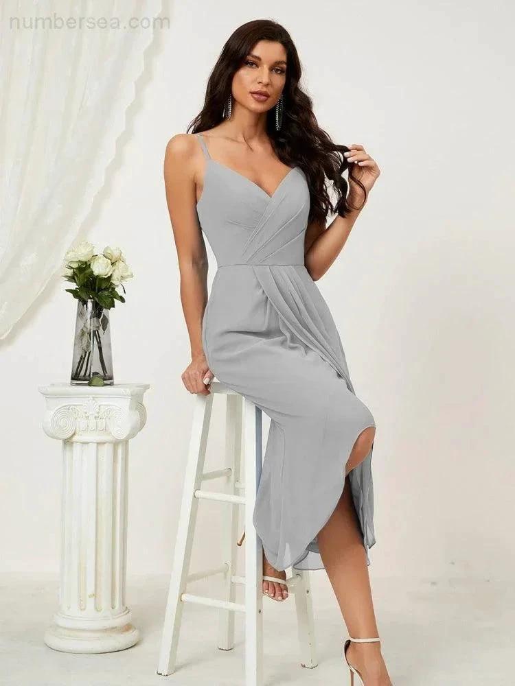 ZapDress Spaghetti Chiffon V Neck Bridesmaid Dress Mid-Length Slit Formal Prom Dress Homecoming Dress 2803 (ZD16952)
