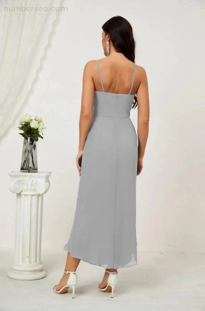 ZapDress Spaghetti Chiffon V Neck Bridesmaid Dress Mid-Length Slit Formal Prom Dress Homecoming Dress 2803 (ZD16952)