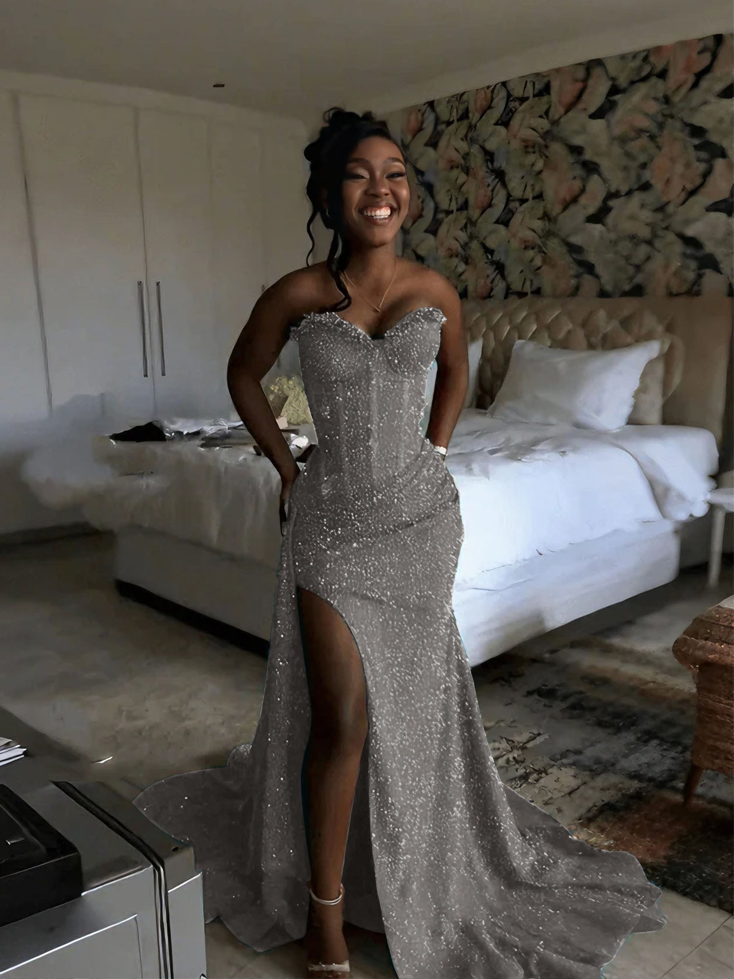Glitter Strapless Mermaid Sequined Long Prom Dress with Slit