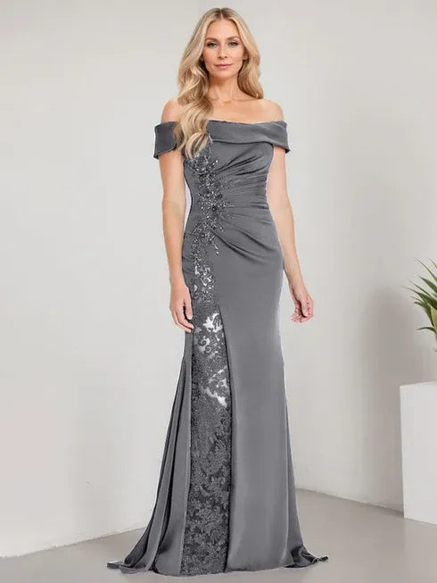 A-Line Off the Shoulder Floor-Length Mother of the Bride Dress Applique Beadings Mermaid Dress With High Split