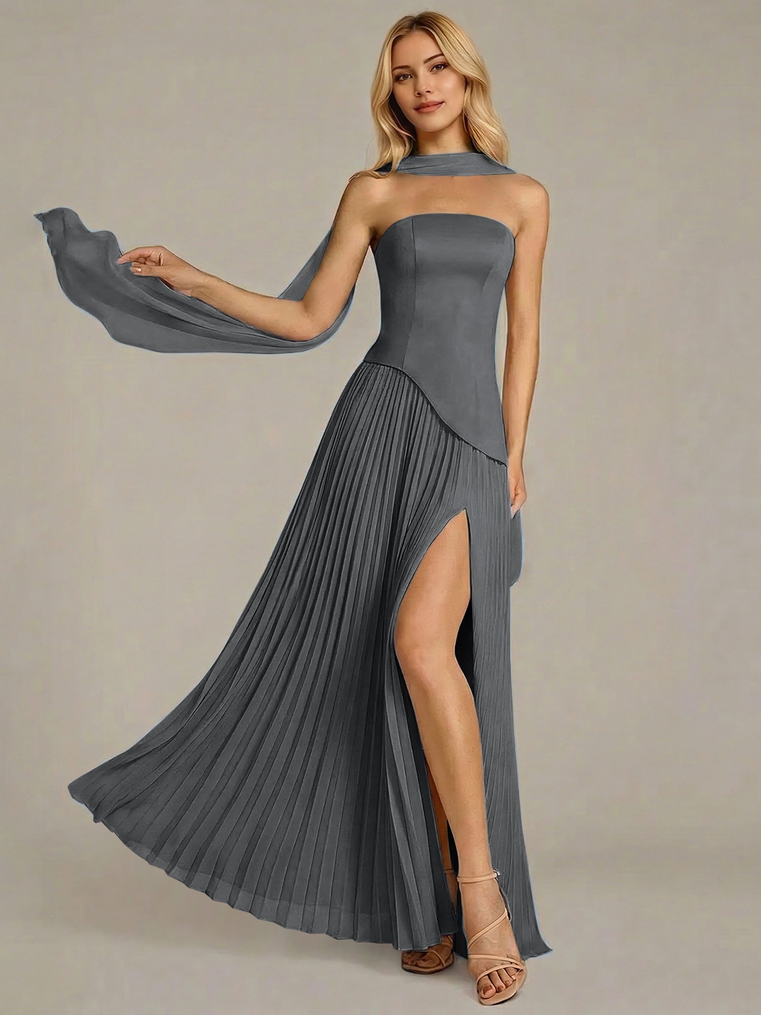 Navy A Line Satin Off The Shoulder Sleeveless Floor Length Dress