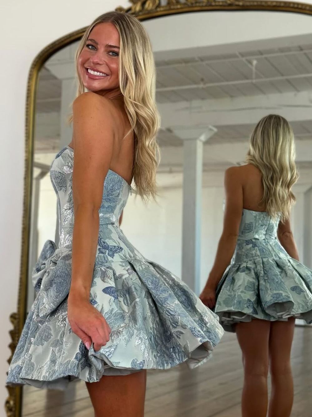 A-Line Strapless Printed Short Homecoming Dress with Bowknot - View 2 | FashionDia