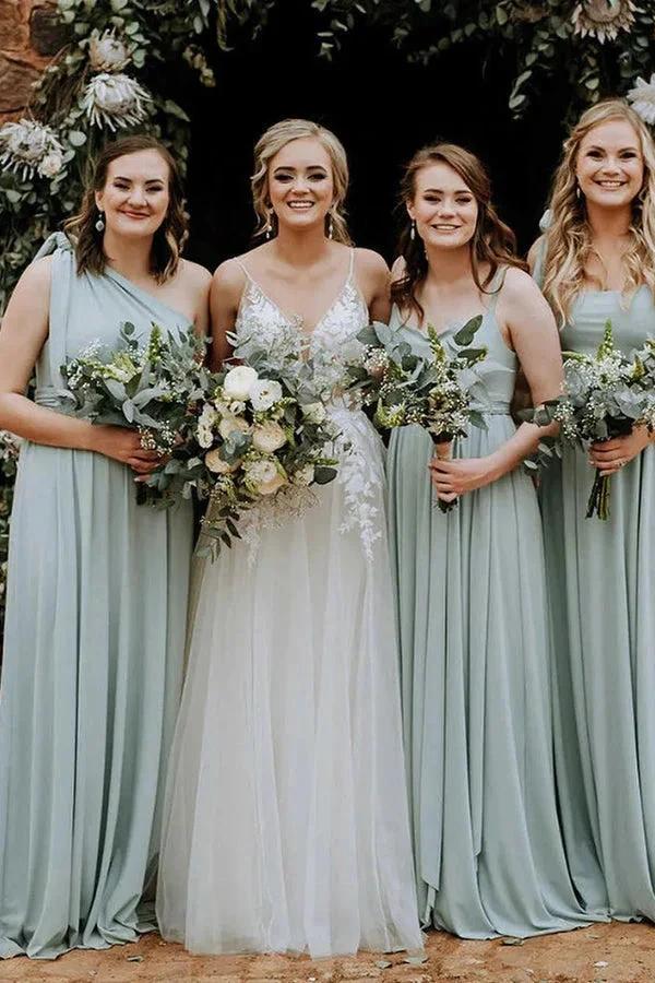 Grey Green One Shoulder Sweep Train Chiffon Bridesmaid Dress BD105 by pgmdress