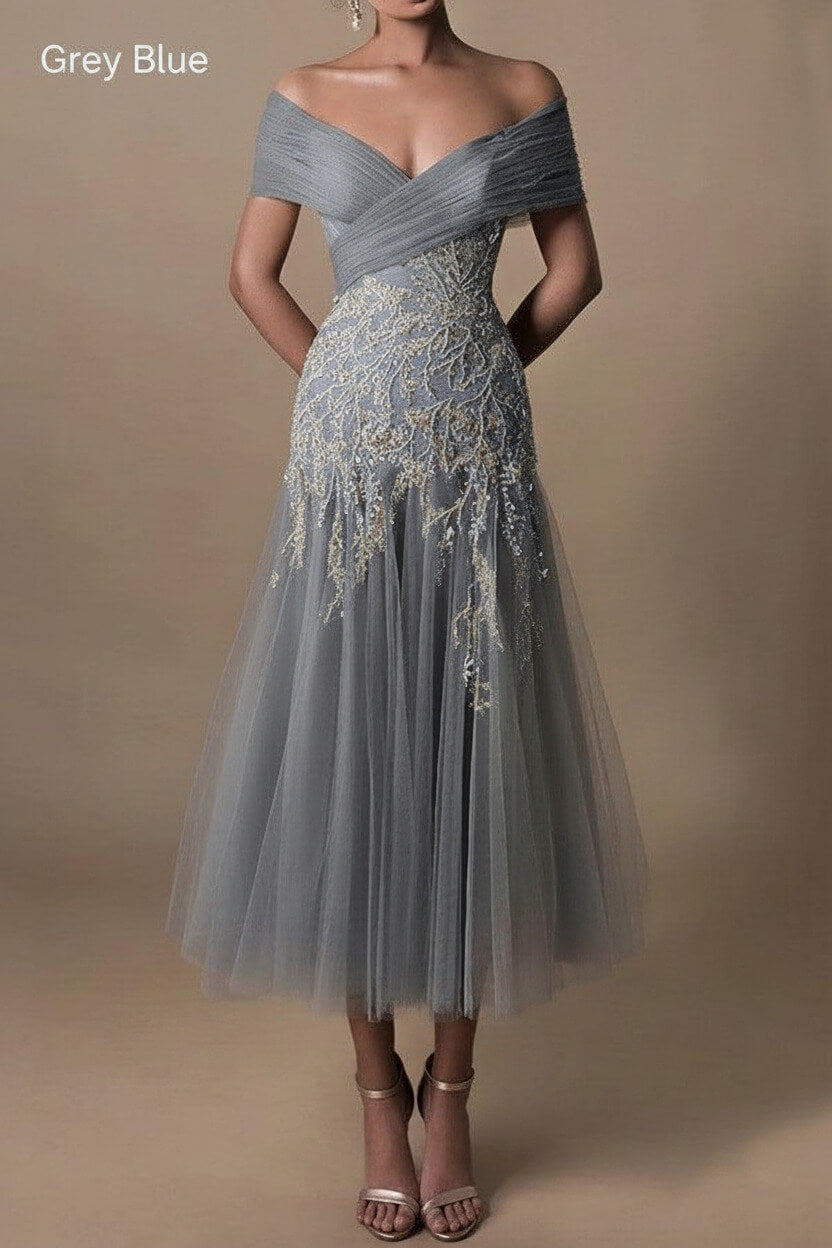 Gorgeous Short Long Off-the-Shoulder Beadings Beach Bridal Dress With Lace