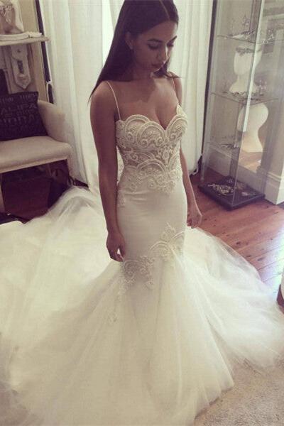 Grgeous Spaghetti-Straps Lace Wedding Dress Mermaid Long Tulle Bridal Gowns