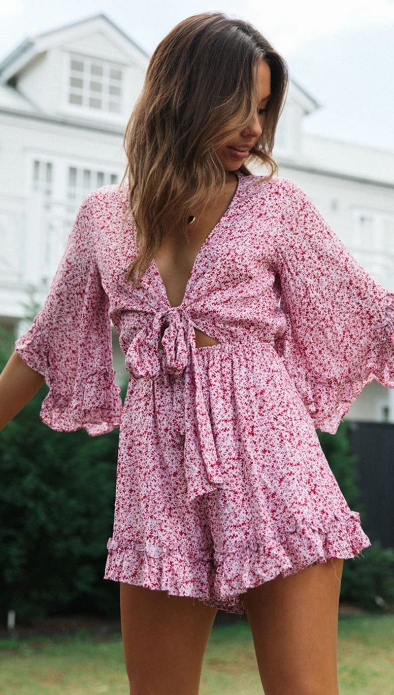 Floral Ruffles Loose VNeck Romper