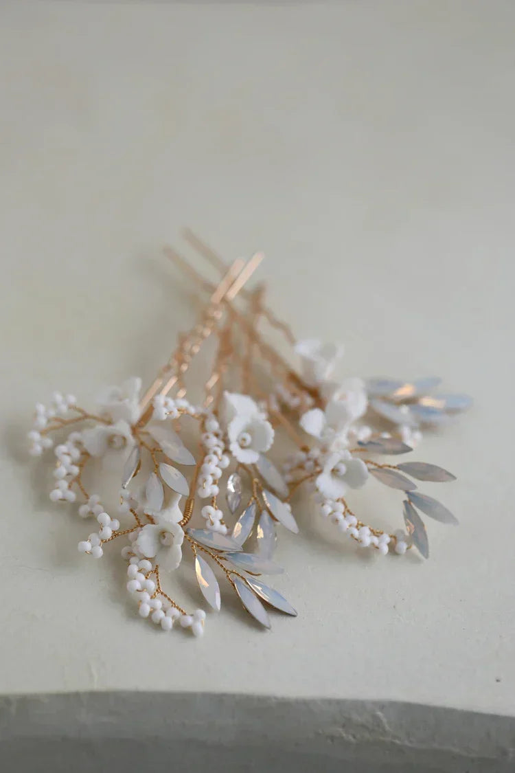 Porcelain Flower Hair Pins Clips Opal Head Pieces Gold Silver Color Hairpins For Brides Women Bridal Jewelry Wedding Accessories