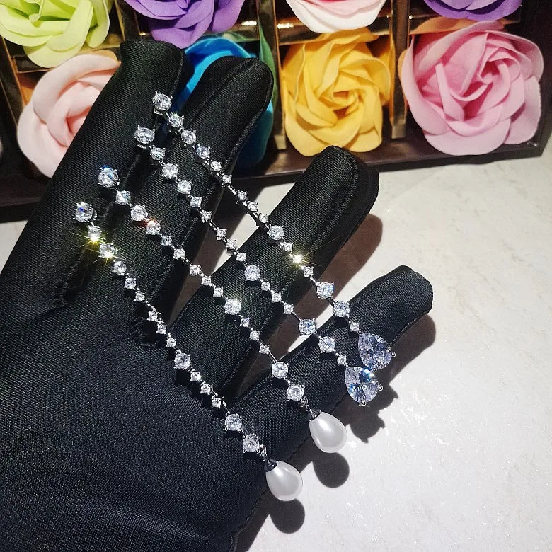 Long Pearl AAA Zircon Bridal Earrings CZ Zirconia Wedding Drop Earring For Brides Accessories Women Party Evening Dress Jewelry