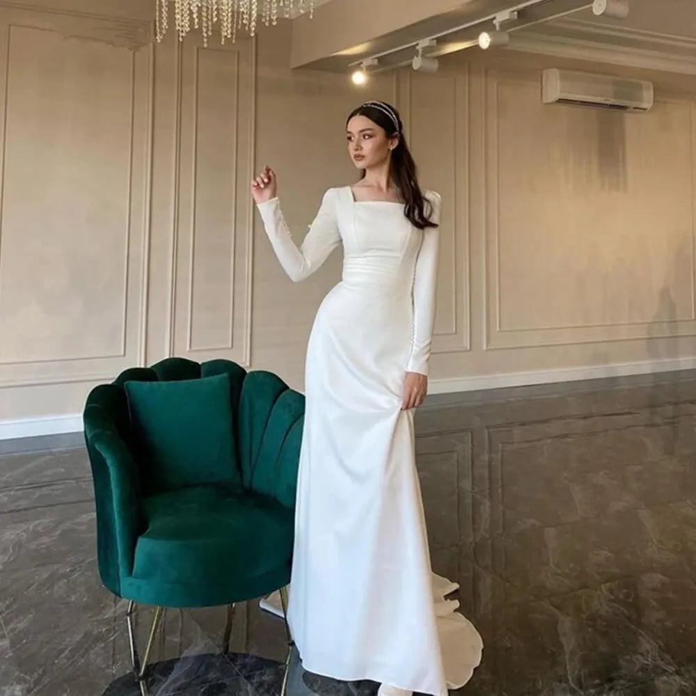 CustomizeSimple Sheath Long Sleeves Wedding Dress Soft Satin Square Neck Buttons Floor-Length Elegant Women Bride Formal Dresses - FashionDia