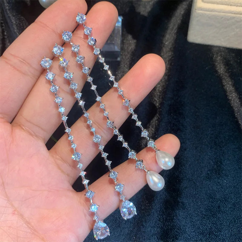 Long Pearl AAA Zircon Bridal Earrings CZ Zirconia Wedding Drop Earring For Brides Accessories Women Party Evening Dress Jewelry