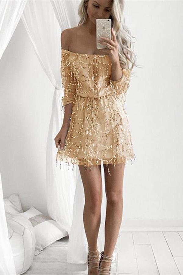 Beaded Off Shoulder Long Sleeve Graduation Dresses Homecoming Dresses - VelvetHem