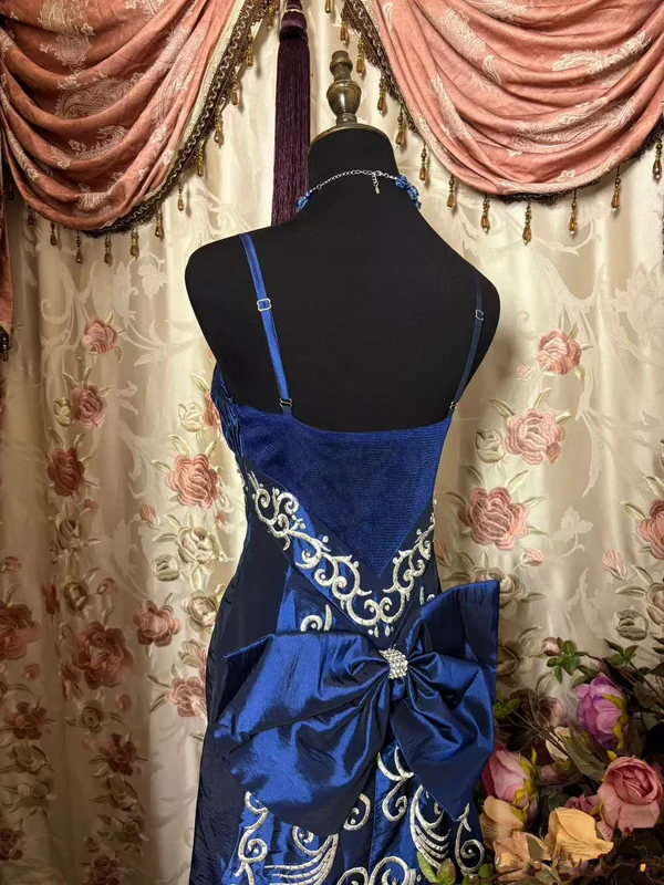 Vintage Spaghetti Straps Blue Satin Beaded Mermaid Evening Dress Long Prom Gown - View 2 | FashionDia