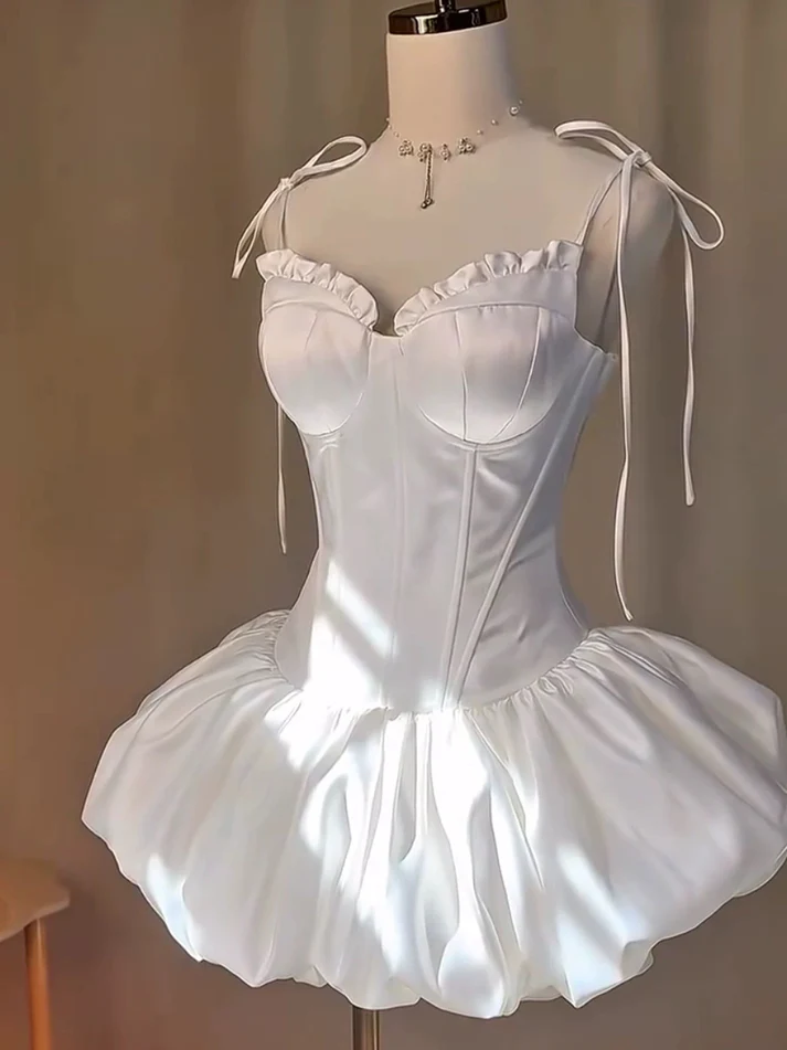 Cute Spaghetti Straps A-Line White Satin 7th Grade Homecoming Dress Short Birthday Party Dress - FashionDia