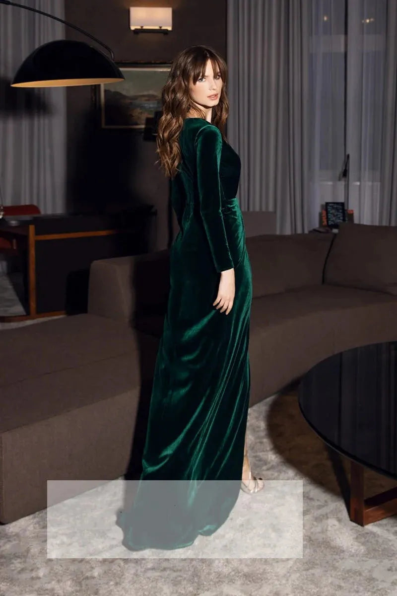 Simple Velvet Evening Dresses Long Sleeves High Slit Prom Party Dress Pleats Mermaid Formal Women Gowns Custom Made