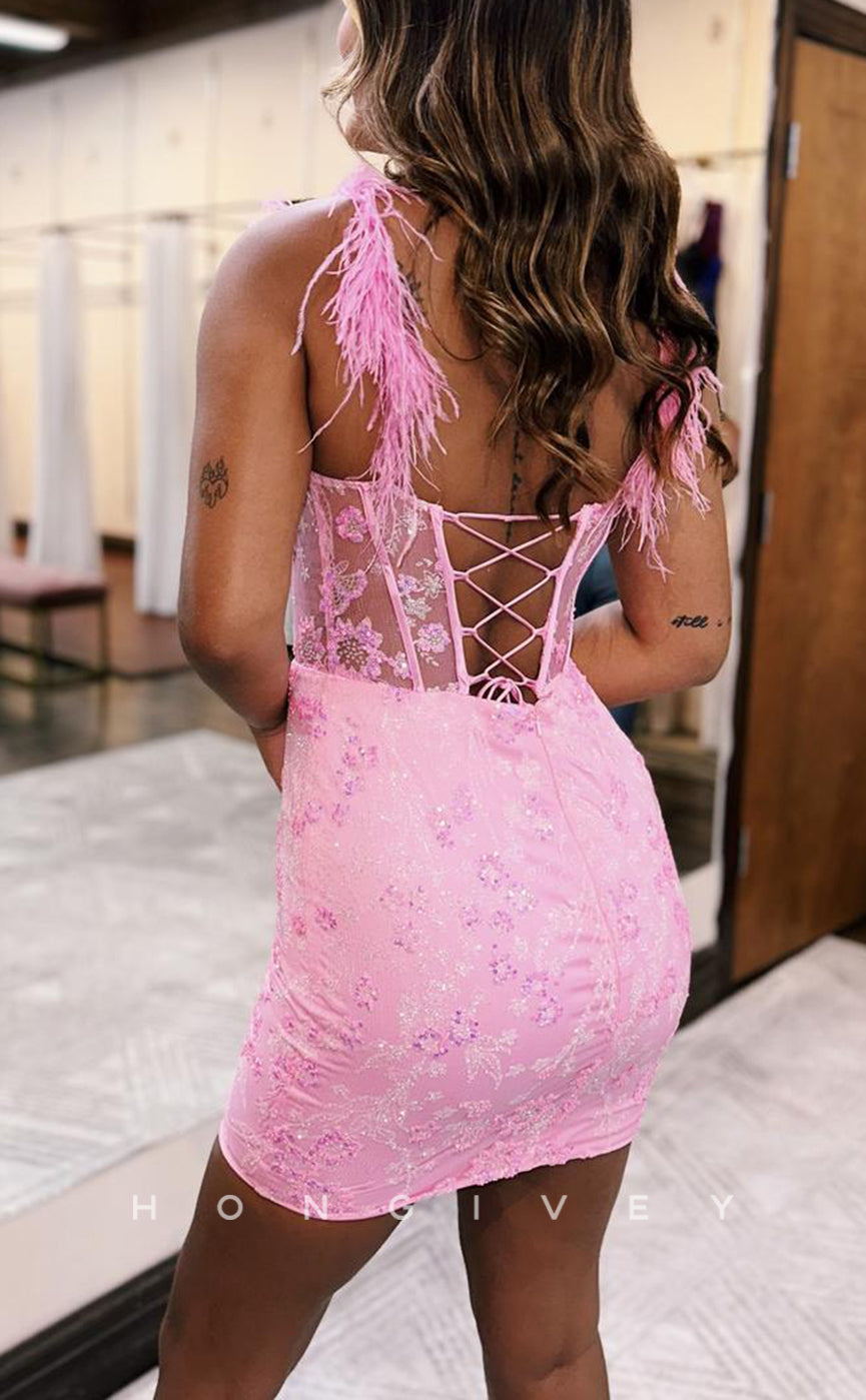 - Sexy Fitted Satin Glitter Sweetheart Feathers Spaghetti Straps Appliques Party/Homecoming Dress