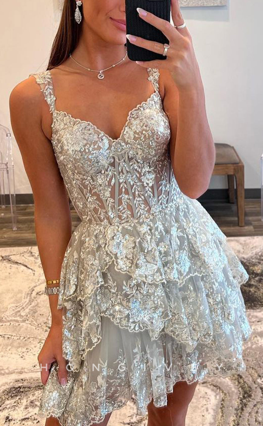 - Sexy A-Line Glitter Sweetheart Spaghetti Straps Tiered Sequined Party/Homecoming Dress