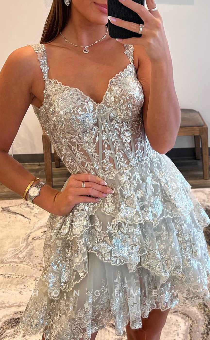 - Sexy A-Line Glitter Sweetheart Spaghetti Straps Tiered Sequined Party/Homecoming Dress