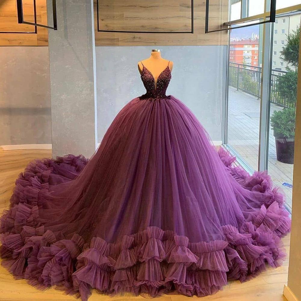 Spaghetti Straps Beading Bodice Tulle Ball Gown Evening Dress With Handmade C64