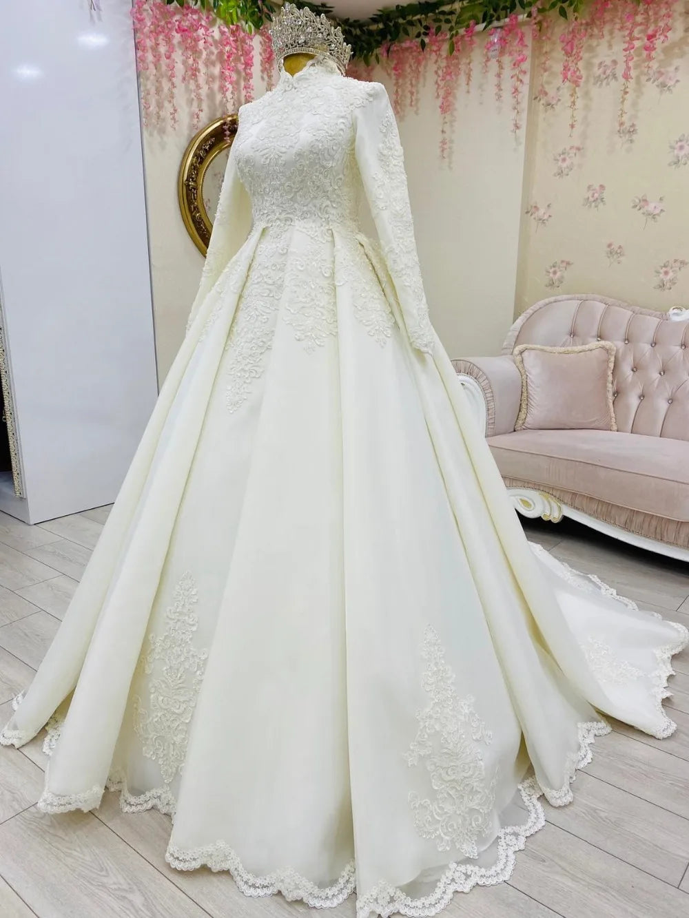 Lace Appliques Muslim Wedding Dresses 2025 Long Sleeve High Neck Tulle Satin Wedding Bridal Gowns - FashionDia