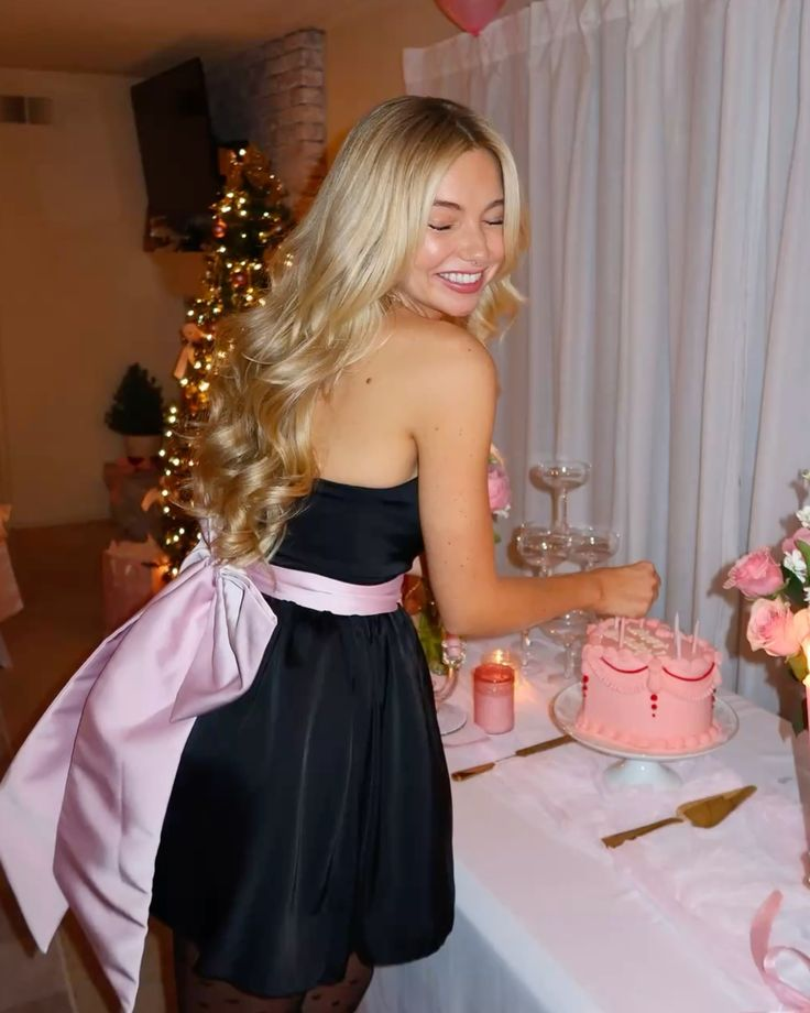 Cute Strapless Black Satin A-Line Formal 20th Birthday Dress Short Homecoming Dress With Bow - View 3 | FashionDia