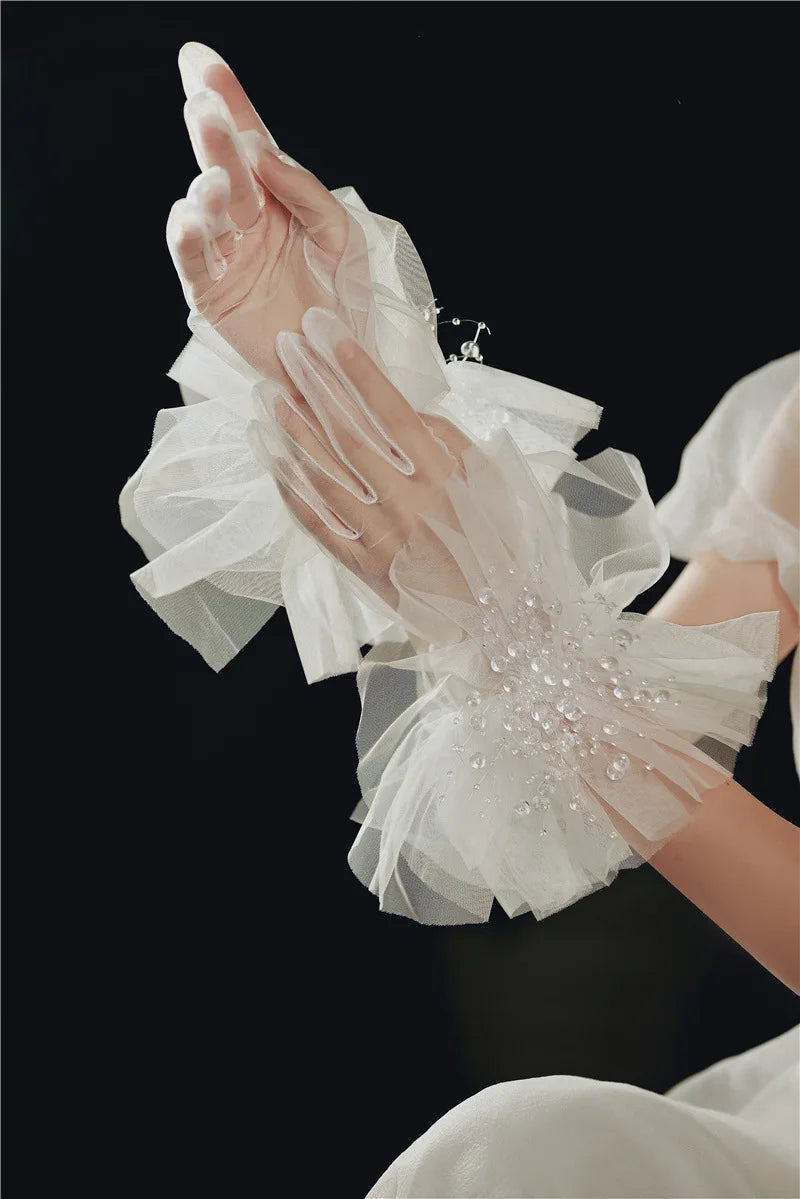 Lace Short Pearls Bridal Gloves Wristband Wedding Glove For Women Girl Party Evening Dress Jewelry Brides Accessories