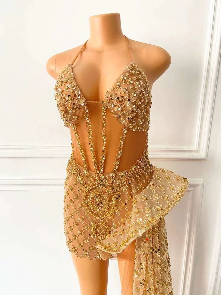 Glitter Sleeveless Gold Sequin Girls African Short Homecoming Dresses (ZD12498) - View 3 | VelvetHem