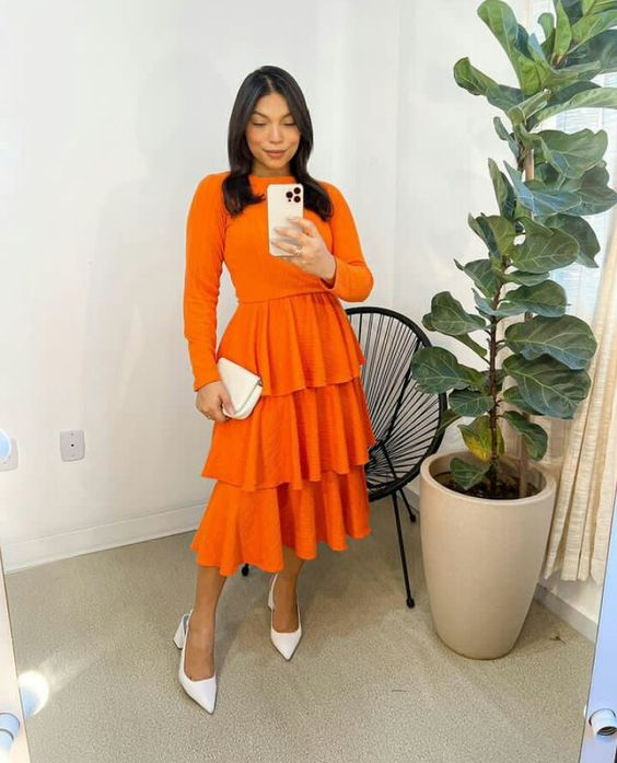 Simple Orange A-Line Long Sleeves Party Dress,Orange Party Gown - View 2 | FashionDia