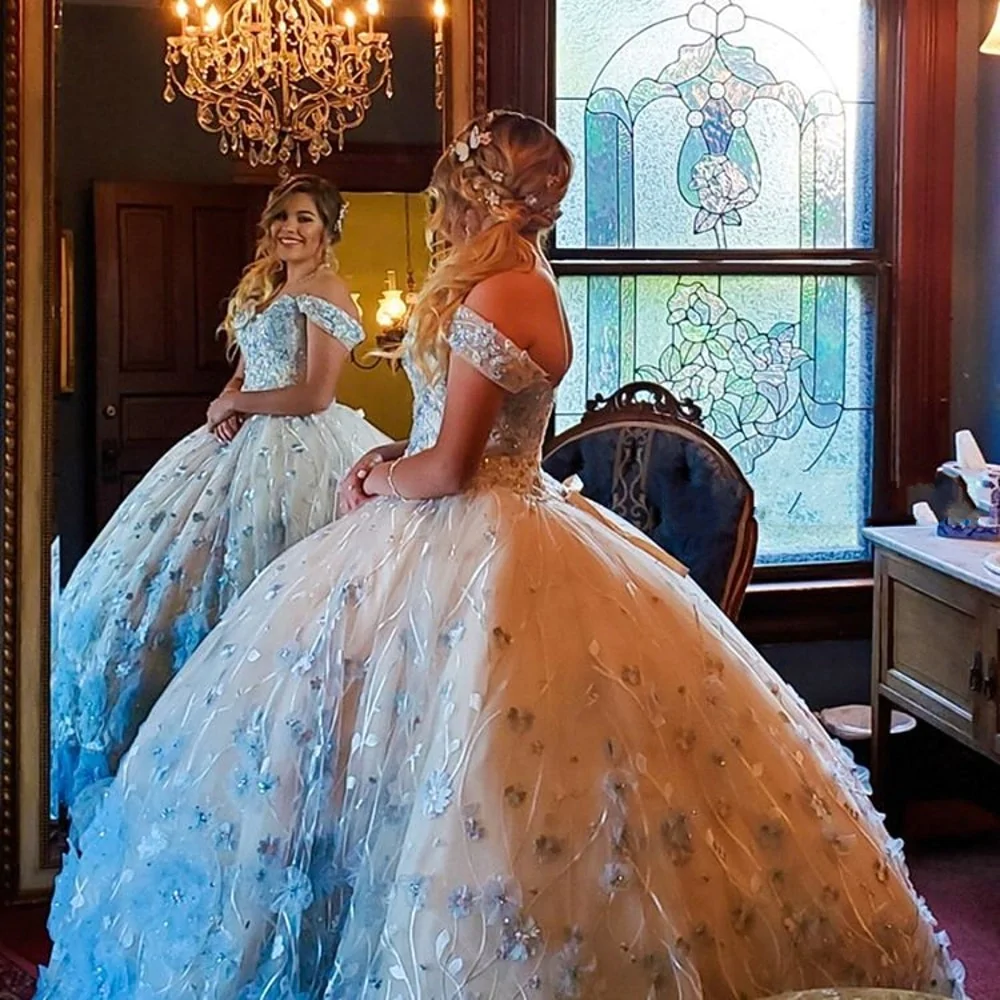 3D Flowers Sequined Quinceanera Dresses Sweet 16 Dress Light Sky Blue Flowers Ball Gown - View 2 | FashionDia