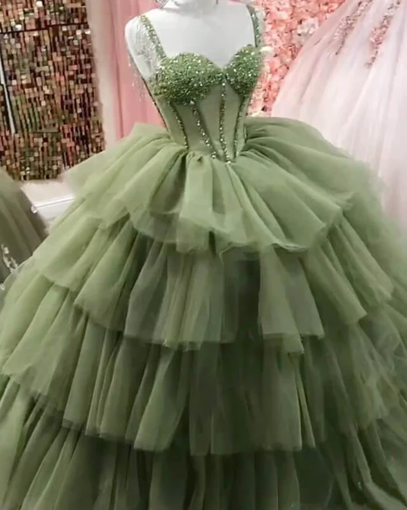 Sage Green Corset Ball Gown Ruffles Dress - VelvetHem