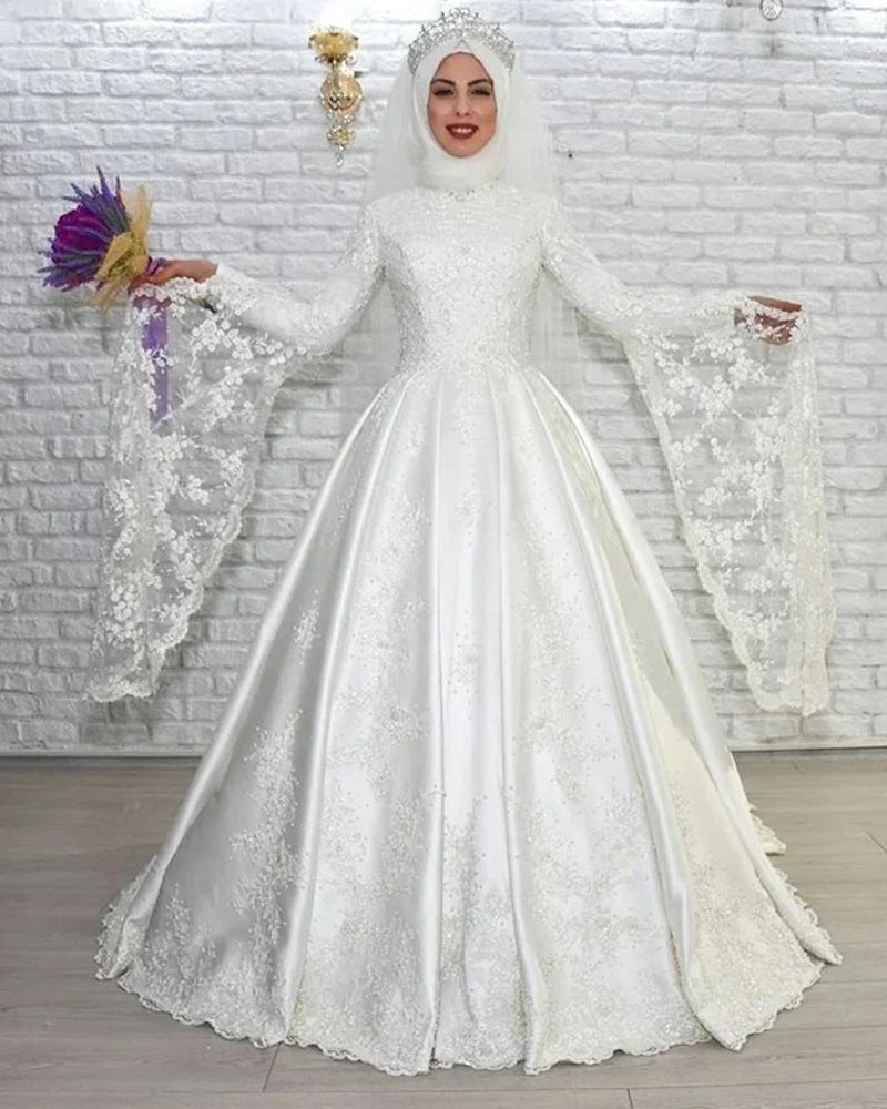 customized Luxury Muslim A Line Wedding Dresses Long Flare Sleeves Lace Satin Bride Dresses Arabic Islamic Vestido De Noiva Champagne