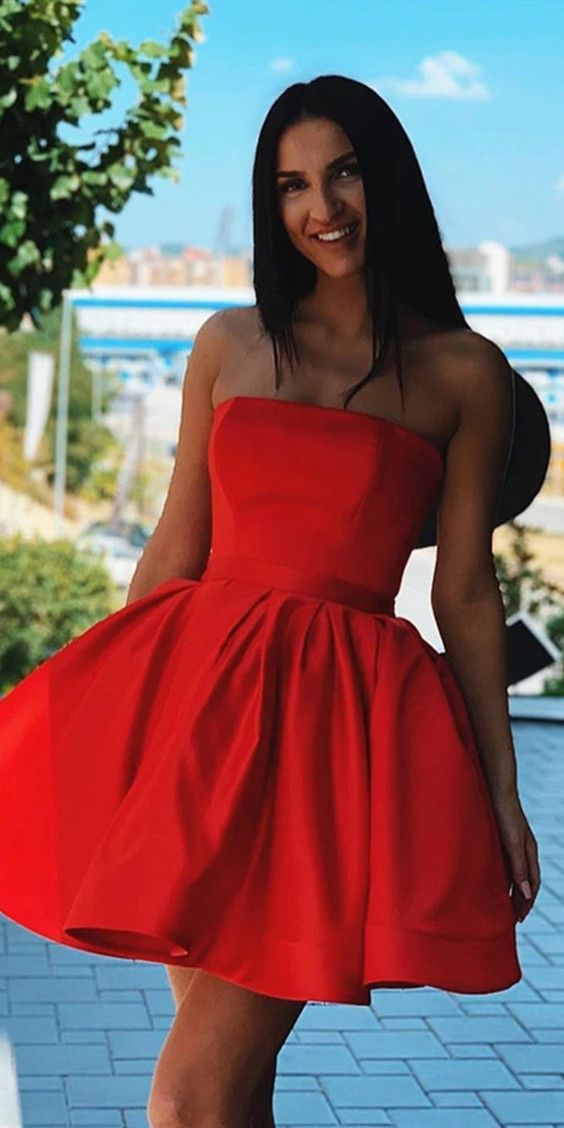 A-Line Strapless Red Satin Pleats Homecoming Dresses - FashionDia