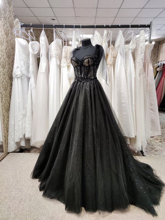 Sparkly black prom dress night corset neckline fairy tale tulle princess bride bridal gothic dark queen night alternative bride - FashionDia