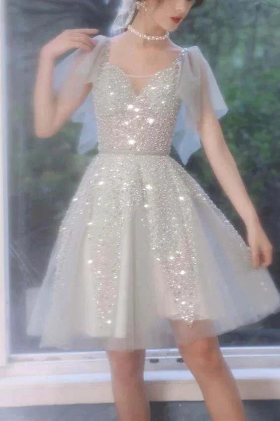 A-line Short Silver Homecoming Dress with Flutter Sleeves Y28 by simplepromdress