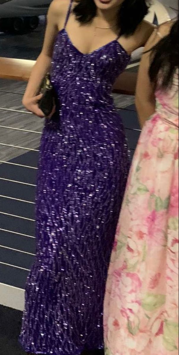 Sparkly Spaghetti Straps Purple Mermaid Wedding Guest Dress Sequin Long Party Dress