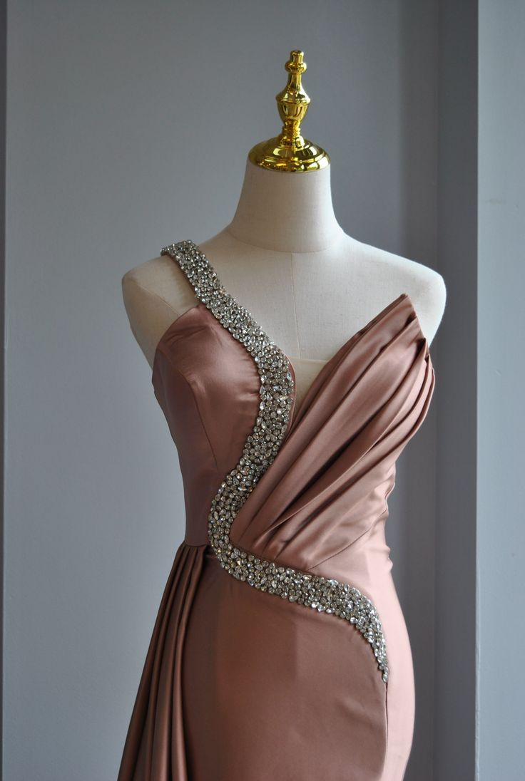 Vintage One-Shoulder Satin Beaded Mermaid Prom Dress,Rose Pink Evening Dress Party Gown - View 2 | FashionDia