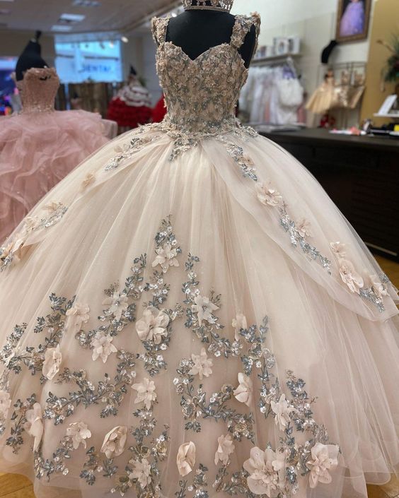 A-line Tulle Ball Gown Puffy Sweet 16 Dress 3D Flowers Birthday Dress - VelvetHem
