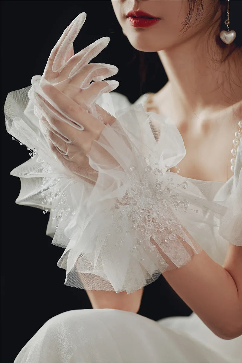 Lace Short Pearls Bridal Gloves Wristband Wedding Glove For Women Girl Party Evening Dress Jewelry Brides Accessories