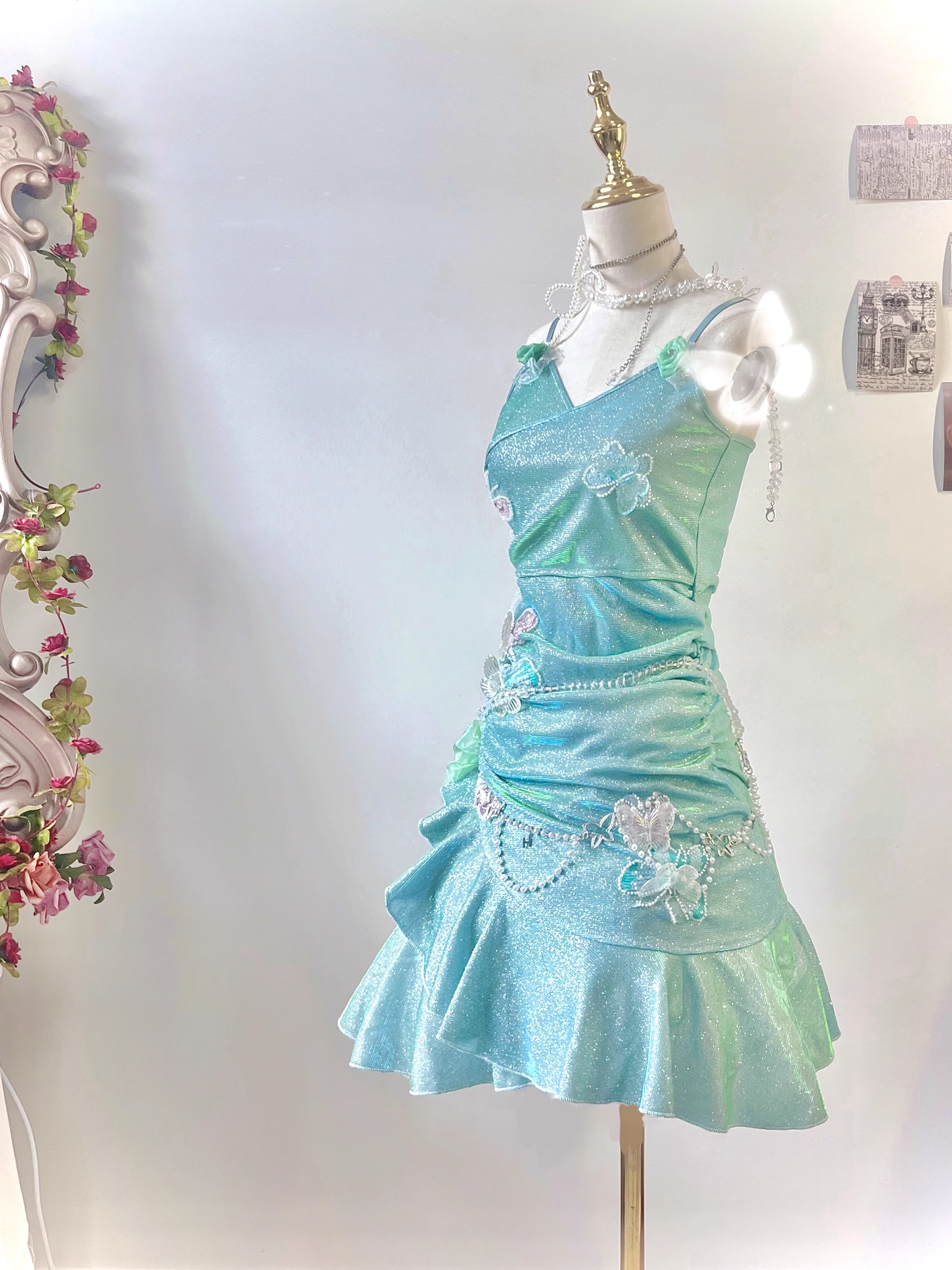 Glitter Mint Green Spaghetti Straps Sequin Ruffles Birthday Outfits Graduation Homecoming Dress S611