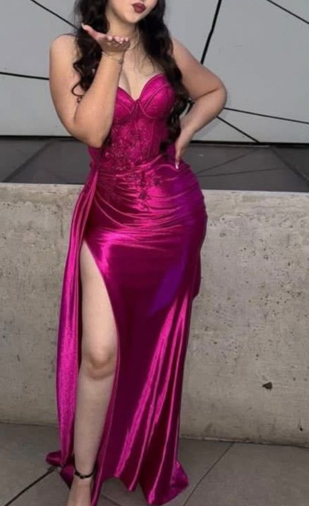Sexy Strapless Hot Pink Satin Appliques High Slit Mermaid Evening Dress Formal Wedding Guest Dress - FashionDia