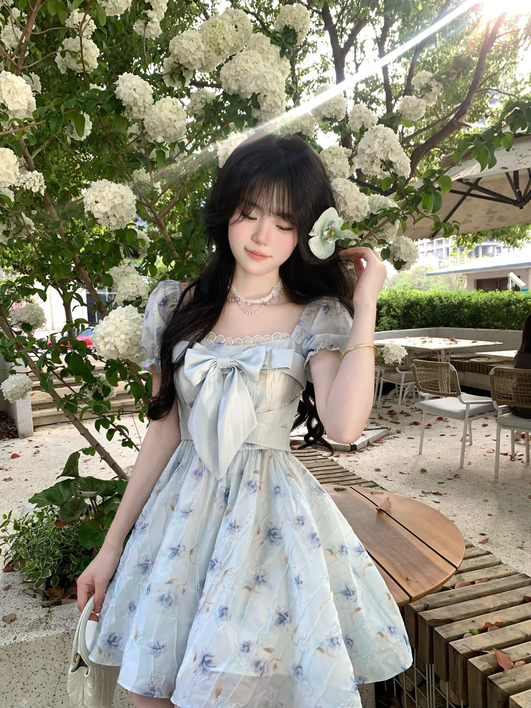 Cute Blue Chiffon Printed Floral A-Line Short Prom Dress Formal Graduation Homecoming Dress - FashionDia