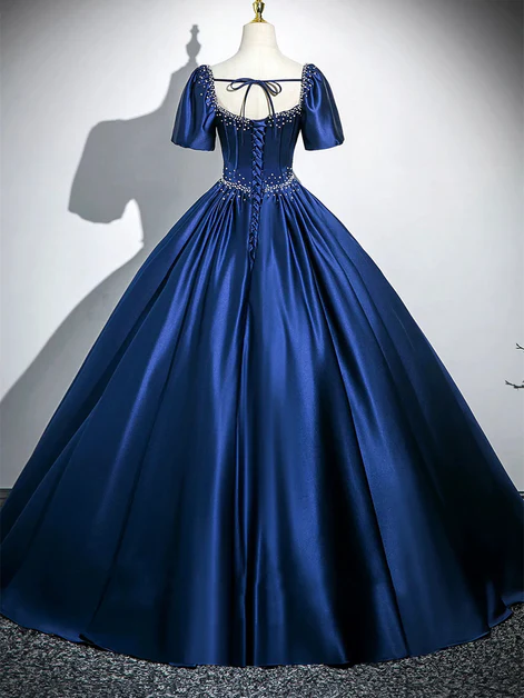 Charming Navy Blue Satin Sweetheart Pearls Beaded Party Prom Dress, A-Line Ball Gown - View 3 | FashionDia