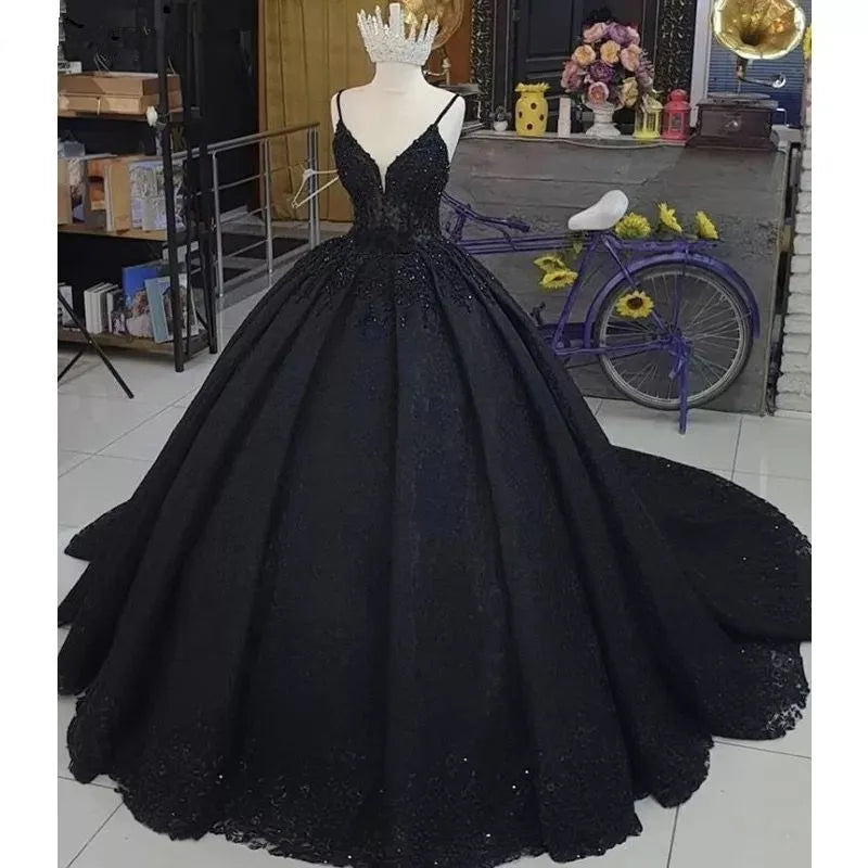 Lace Black Evening Gowns Long de noche Lace Up Ball Gown Prom Dresses Formal - FashionDia