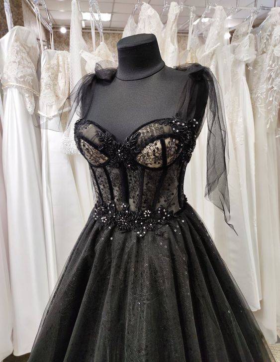 Sparkly black prom dress night corset neckline fairy tale tulle princess bride bridal gothic dark queen night alternative bride - View 2 | FashionDia