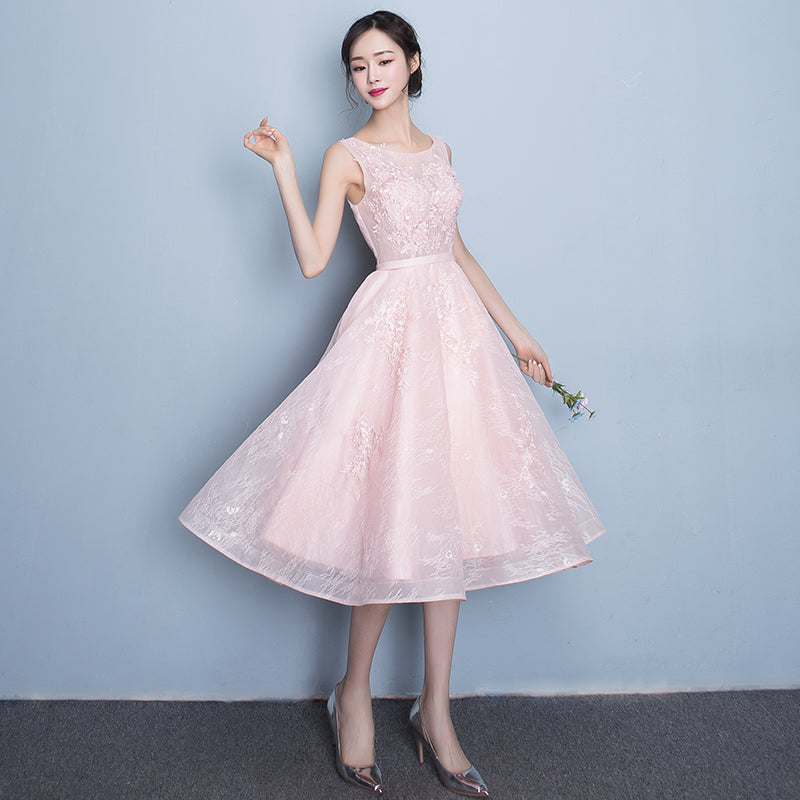 Pink round neck lace party dress, lace homecoming dress