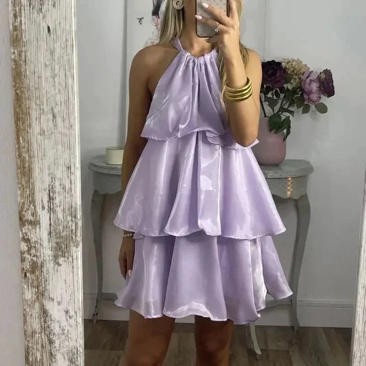 Simple Blue Organza Halter Layered Mini Prom Dress Homecoming Dress Y8089 by simplepromdress