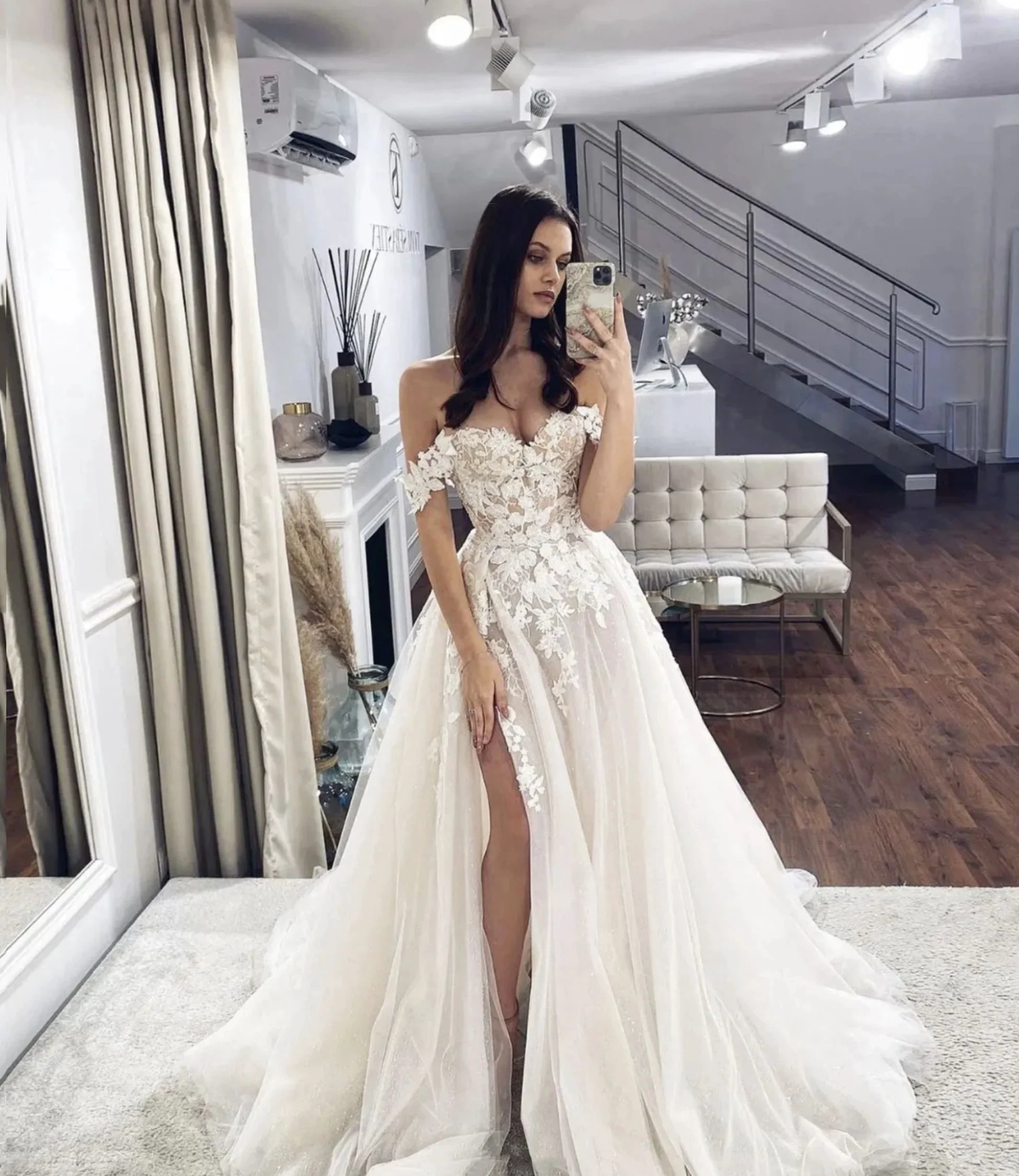 Off The Shoulder White Tulle Lace Wedding Dress Y754 by simplepromdress