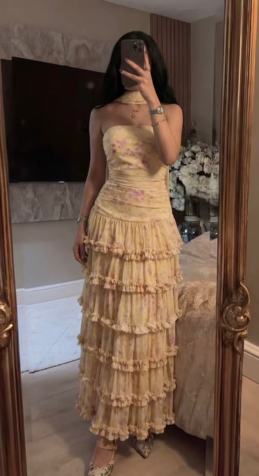 Sweet Yellow Floral Print Strapless A-Line Chiffon Long Prom & Evening Dress - View 10 | FashionDia