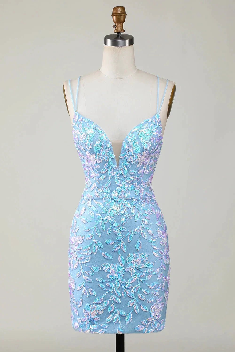 Blue Sheath Spaghetti Straps Short Homecoming Dress With Aqqliques by WEDTREND