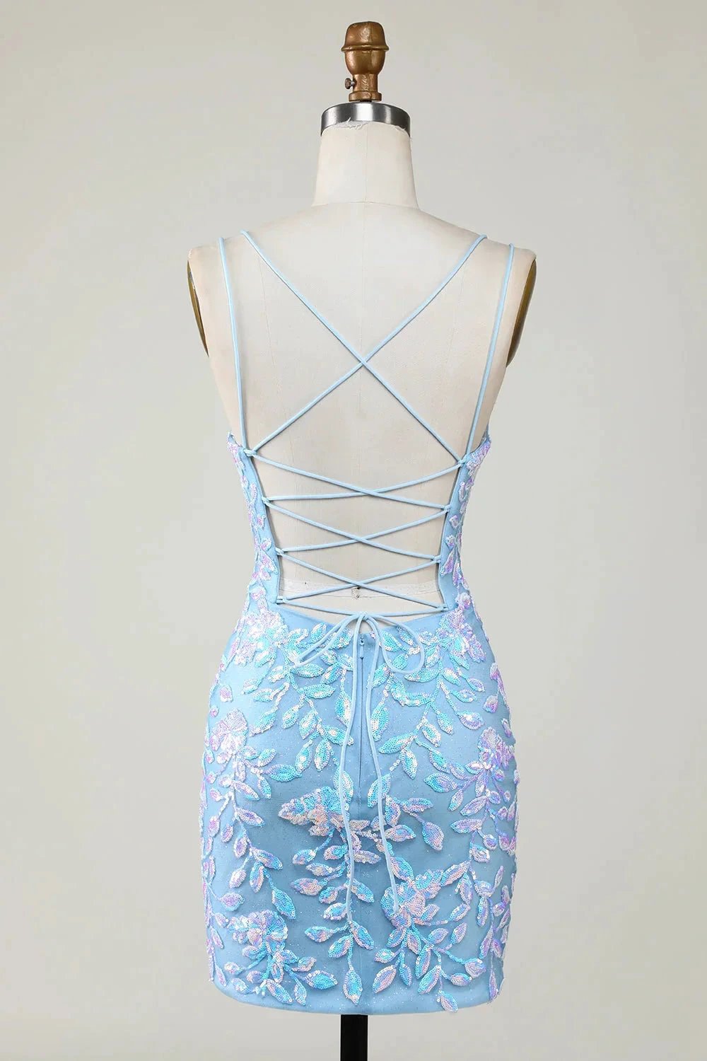Blue Sheath Spaghetti Straps Short Homecoming Dress With Aqqliques (ZD11547)